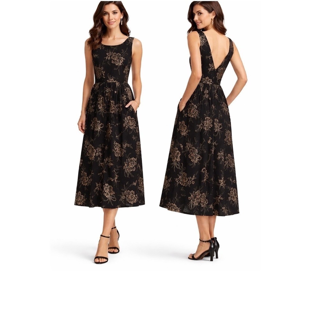 Ralph Lauren Purple Label Silk Floral Midi Dress Black Gold V-Back Pockets 4